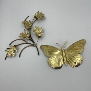 Vintage Brass Leaves & Butterfly Wall Art Gold MCM